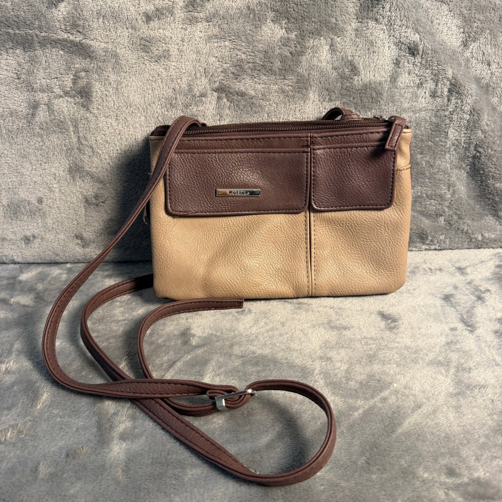 Koltov Two Tone Taupe Beige Pebbled Crossbody Bag Triple Zip Organizer Purse